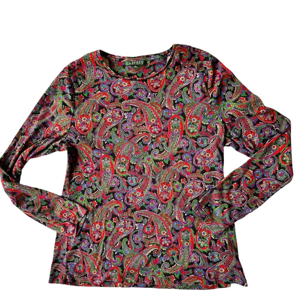 VTG Lauren Ralph Lauren Long Sleeve Top XL Pullover Paisley Preppy Cotto… - Picture 3 of 12